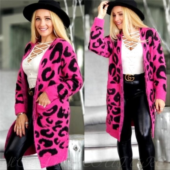 MODA ME COUTURE Sweaters - Long Pink & Black BRAXTEN Leopard Car